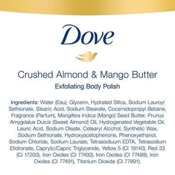 Dove Exfoliating Body Polish Body Scrub Crushed Almond and Mango Butter 4 Count Exfoliating Scrub for Dry Skin Gently Exfoliates to Reveal Healthy Skin 10.5 oz