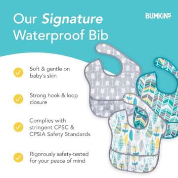 Bumkins Bibs for Girl or Boy, SuperBib Baby and Toddler for 6-24 Months, Essential Must Have for Eating, Feeding, Baby Led Weaning Supplies, Mess Saving Catch Food, 3-pk Feathers, Arrows and Quill
