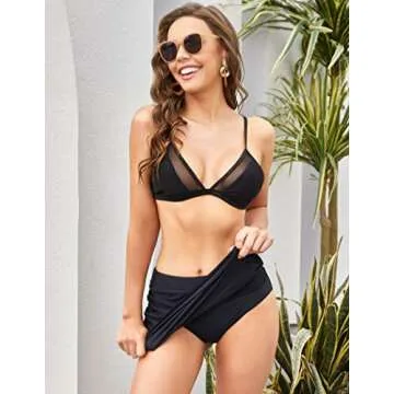 SHESHOW Women Swim Skirt Solid Color Waistband Skort Bikini Bottom Black Medium