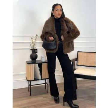 Flygo Women's Faux Fur Coat Fluffy Faux Fur Jacket Long Sleeve Lapel Furry Winter Jackets Shaggy Parka Short Coat(Brown-L)