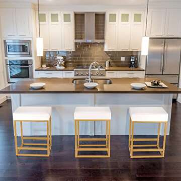 FLYZC Counter Height Bar Stools Set of 2, 24 inch Counter Stools with PU Leather, Square Barstools Backless, Modern Island Chair, White Bar Stools for Kitchen Counter Restaurant Support 350 LBS