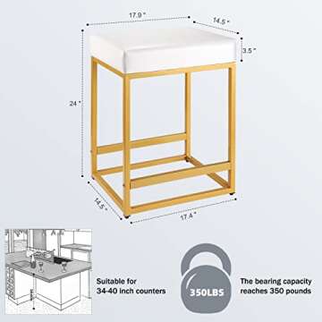 FLYZC Counter Height Bar Stools Set of 2, 24 inch Counter Stools with PU Leather, Square Barstools Backless, Modern Island Chair, White Bar Stools for Kitchen Counter Restaurant Support 350 LBS
