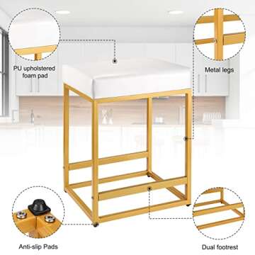 FLYZC Counter Height Bar Stools Set of 2, 24 inch Counter Stools with PU Leather, Square Barstools Backless, Modern Island Chair, White Bar Stools for Kitchen Counter Restaurant Support 350 LBS