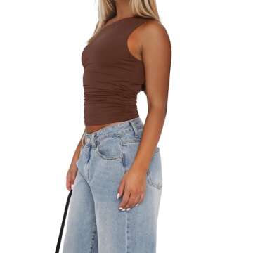 SAFRISIOR Women One Shoulder Ruched Crop Top Off Shoulder Sleeveless Slim Fit Casual Crop Tank Top T...