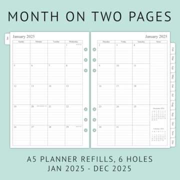 newestor 2025 Weekly & Monthly Planner Refill for A5 Ring Binder, Jan 2025 to Dec 2025, 5-3/4" x 8-1/4", 6-Hole Punched