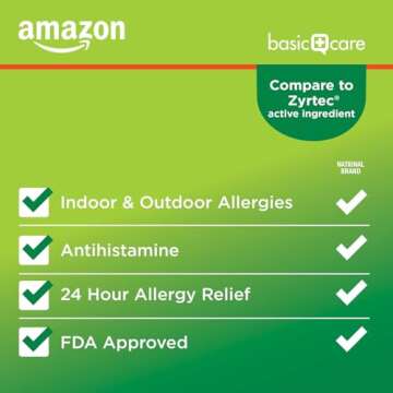 Amazon Basic Care All Day Allergy, Cetirizine Hydrochloride Tablets, Antihistamine, 10 mg, 365 Count...