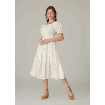 Puff Sleeve Dress for Women Renaissance Cottagecore Dress Boho Midi Summer Dresses Ivory White M
