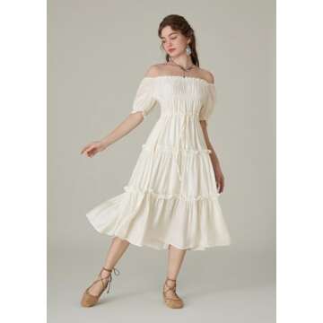 Puff Sleeve Dress for Women Renaissance Cottagecore Dress Boho Midi Summer Dresses Ivory White M