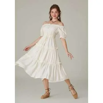Puff Sleeve Dress for Women Renaissance Cottagecore Dress Boho Midi Summer Dresses Ivory White M