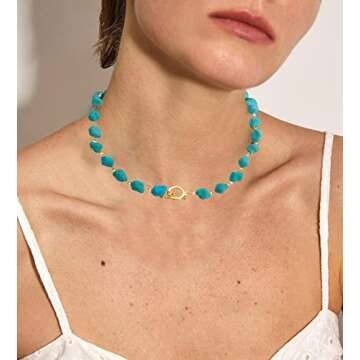 BUBGDYFO Irregular Turquoise Beaded Choker Necklaces for Women, Bohemian Hand Made Strand Toggle Cla...