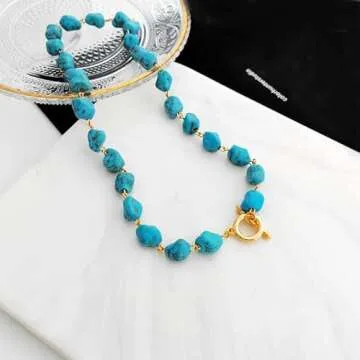 BUBGDYFO Irregular Turquoise Beaded Choker Necklaces for Women, Bohemian Hand Made Strand Toggle Clasp Necklace for Women Party
