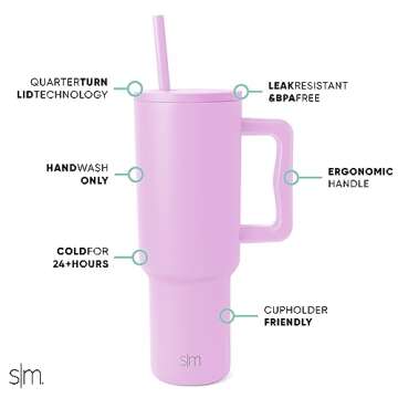 Simple Modern Tumbler with Handle and Straw Lid | Insulated Reusable Stainless Steel Water Bottle Travel Mug Cupholder | Gifts for Women Men Him Her | Trek Collection | 40oz | Electric Lavender
