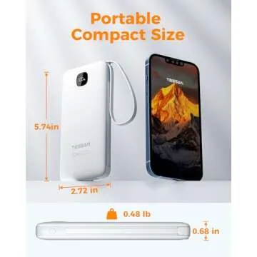 TESSAN Portable Charger with Built in Cables, 10000mAh Power Bank Fast Charging with Foldable AC Plug, 20W Compact Battery Pack Travel Essentials for iPhone 16/15 Series, Samsung, Tablets