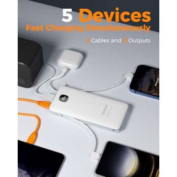 TESSAN Portable Charger with Built in Cables, 10000mAh Power Bank Fast Charging with Foldable AC Plug, 20W Compact Battery Pack Travel Essentials for iPhone 16/15 Series, Samsung, Tablets