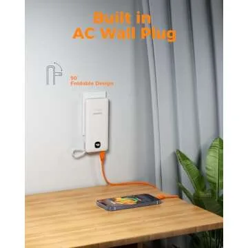 TESSAN Portable Charger with Built in Cables, 10000mAh Power Bank Fast Charging with Foldable AC Plug, 20W Compact Battery Pack Travel Essentials for iPhone 16/15 Series, Samsung, Tablets