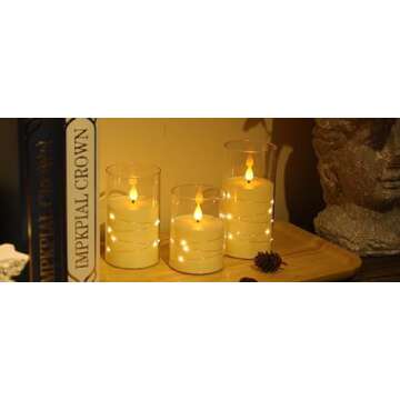 Kiexung Flashing Flameless Candle with String Light, Battery Powered Candle, Recessed String LED Candle, Indestructible Plexiglass Candle with Remote Control, Set of 3, Ivory White