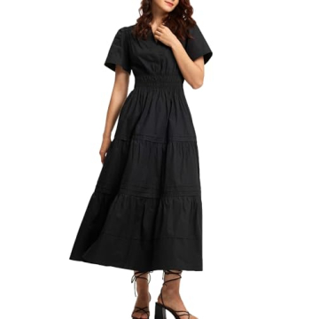ShallWe Women's Basic Plain Black Summer Dress Casual Long Maxi Short Sleeve Layered Cotton V Neck A...