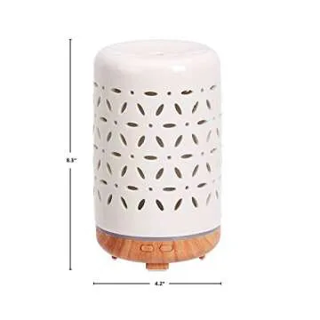 Amazon Basics 120ml Ultrasonic Ceramic Aromatherapy Essential Oil Diffuser with Wood Grain Finish Base, Flower Pattern
