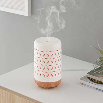 Amazon Basics 120ml Ultrasonic Ceramic Aromatherapy Essential Oil Diffuser with Wood Grain Finish Base, Flower Pattern