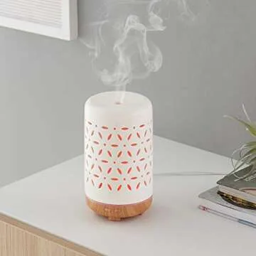 Amazon Basics 120ml Ultrasonic Ceramic Aromatherapy Essential Oil Diffuser with Wood Grain Finish Base, Flower Pattern