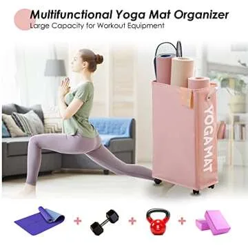 Caroeas Yoga Mat Storage Rack, 27 inches X-Large Yoga Mat Holder Accessories, Home Gym Equipment Storage Yoga Mats, Women Men Workout Equipment Organization with 4 Wheels, Pink