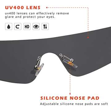 COASION 2000S Silver Futuristic Metallic Sunglasses Cyberpunk Concert Glasses for Women Men, Game 2077 Costume Eyewear (Black/Grey)