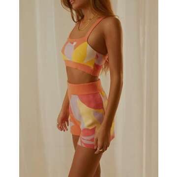 Y2k Knit 2 Piece Outfits Shorts Sets for Women Vintage Print Sleeveless Crop Cami Top Shorts Bodycon Jumpsuit (A Orange Set, Small)