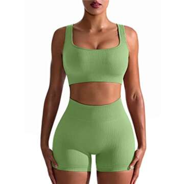 OQQ Workout Outfits for Women 2 Piece Seamless Ribbed High Waist Leggings with Sports Bra Exercise Set Bamboogreen