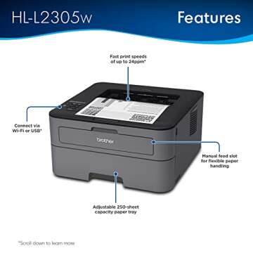Brother HLL2305W Compact Mono Laser Single Function Printer with Wireless and Mobile Device Printing...