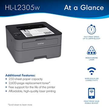 Brother HLL2305W Compact Mono Laser Single Function Printer with Wireless and Mobile Device Printing, White