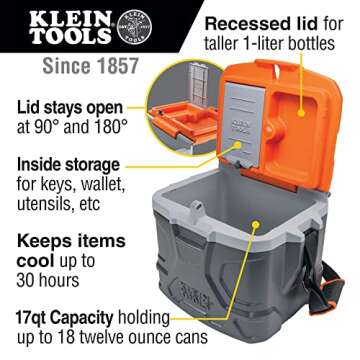 Klein Tools 55600 Work Cooler, 17-Quart Lunch Box Holds 18 Cans, Keeps Cool 30 Hours, Seats 300 Lb, ...