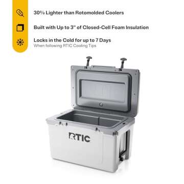RTIC Ultra-Light 52 Quart Hard Cooler Insulated Portable Ice Chest Box for Beach, Drink, Beverage, Camping, Picnic, Fishing, Boat, Barbecue, 30% Lighter Than Rotomolded Coolers, White & Grey