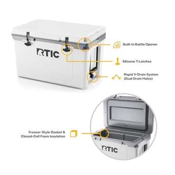 RTIC Ultra-Light 52 Quart Hard Cooler Insulated Portable Ice Chest Box for Beach, Drink, Beverage, Camping, Picnic, Fishing, Boat, Barbecue, 30% Lighter Than Rotomolded Coolers, White & Grey