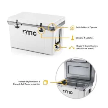 RTIC Ultra-Light 52 Quart Hard Cooler Insulated Portable Ice Chest Box for Beach, Drink, Beverage, Camping, Picnic, Fishing, Boat, Barbecue, 30% Lighter Than Rotomolded Coolers, White & Grey