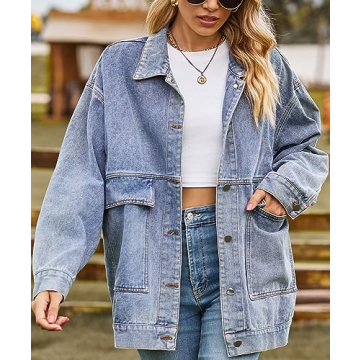 PAODIKUAI Women's Oversized Denim Jacket Casual Long Sleeve Vintage Jean Jacket Top Coat with Pockets(Blue,L)