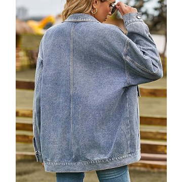 PAODIKUAI Women's Oversized Denim Jacket Casual Long Sleeve Vintage Jean Jacket Top Coat with Pockets(Blue,L)