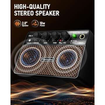 Flatsons FBA-10 Guitar Amp, 10W Mini Electric Guitar Amplifier with Clean/Drive Channel, 6H Working, USB-C Rechargeable, 3.5m Headphone/AUX Jack, Wireless Portable Amp for Indoor Practice Small Gig