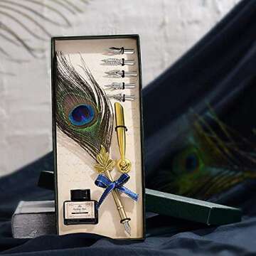 Peacock Feather Pen Set Antique Calligraphy Writing Quill Ink Dip Pen with Holder, Ink and 5 Replacement Nibs in Gift Box-Christmas Gifts