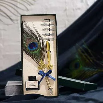 Peacock Feather Pen Set Antique Calligraphy Writing Quill Ink Dip Pen with Holder, Ink and 5 Replacement Nibs in Gift Box-Christmas Gifts