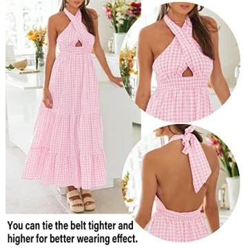 ZESICA Women's Summer Crossover Halter Neck Sleeveless Plaid Cut Out Backless Flowy A Line Maxi Dress,Pink,Large