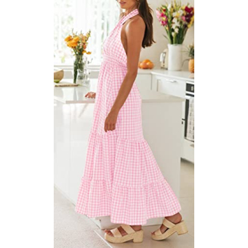 ZESICA Women's Summer Crossover Halter Neck Sleeveless Plaid Cut Out Backless Flowy A Line Maxi Dress,Pink,Large