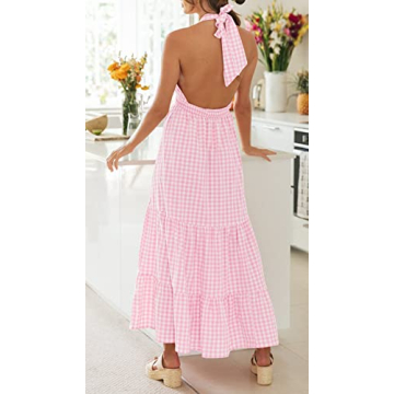 ZESICA Women's Summer Crossover Halter Neck Sleeveless Plaid Cut Out Backless Flowy A Line Maxi Dress,Pink,Large