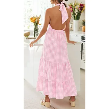 ZESICA Women's Summer Crossover Halter Neck Sleeveless Plaid Cut Out Backless Flowy A Line Maxi Dress,Pink,Large