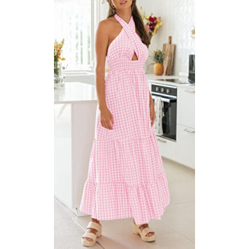 ZESICA Women's Summer Crossover Halter Neck Sleeveless Plaid Cut Out Backless Flowy A Line Maxi Dress,Pink,Large