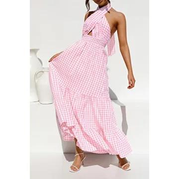 ZESICA Women's Summer Crossover Halter Neck Sleeveless Plaid Cut Out Backless Flowy A Line Maxi Dress,Pink,Large