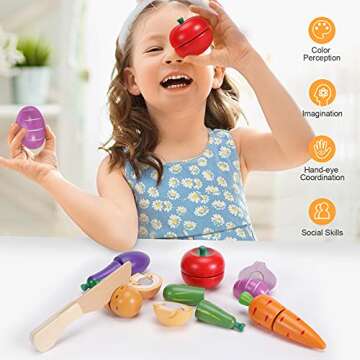 WHOHOLL Play Food Sensory Toys for Toddlers 1-3, Wooden Cutting Food Toys Food Set for Kids Kitchen Accessories, Fake Vegetable Set, Montessori Color Sorting Toys for Girls Boys Birthday Gift