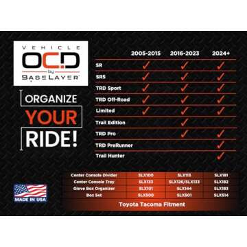 Vehicle OCD - Center Console Organizer for Toyota Tacoma (2016-2023) - Made in USA - SLX113