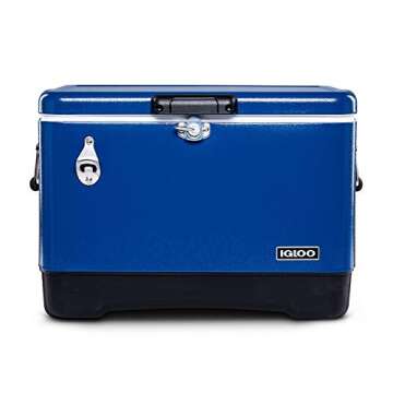 Igloo Ultratherm 54 Quart Modern Steel Legacy Cooler with Soft Grip Handle and Attached Stainless Steel Bottle Opener, Blue