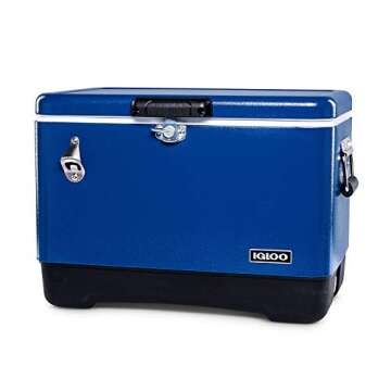Igloo Ultratherm 54 Quart Modern Steel Legacy Cooler with Soft Grip Handle and Attached Stainless Steel Bottle Opener, Blue