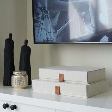 Decorative Photo Storage Boxes with Lids - Set of 2 Beautiful Linen Organizers Are Perfect to Safely Store Your Pictures, Documents, Scrapbooking Supplies, Keepsakes and Other Memories in Style